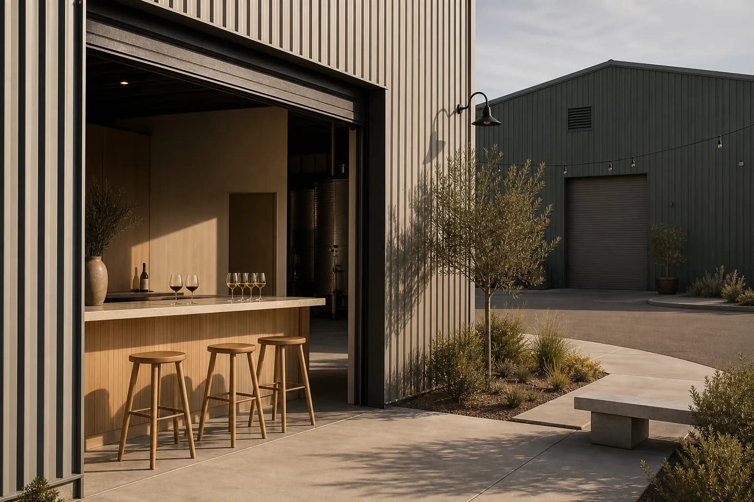 Temporary AI-generated illustration of a quiet modern Tin City warehouse tasting room.