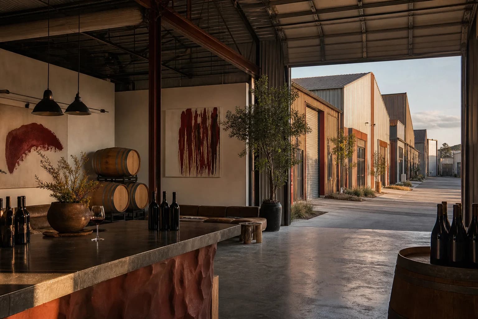 Temporary AI-generated illustration of a creative Tin City wine studio.
