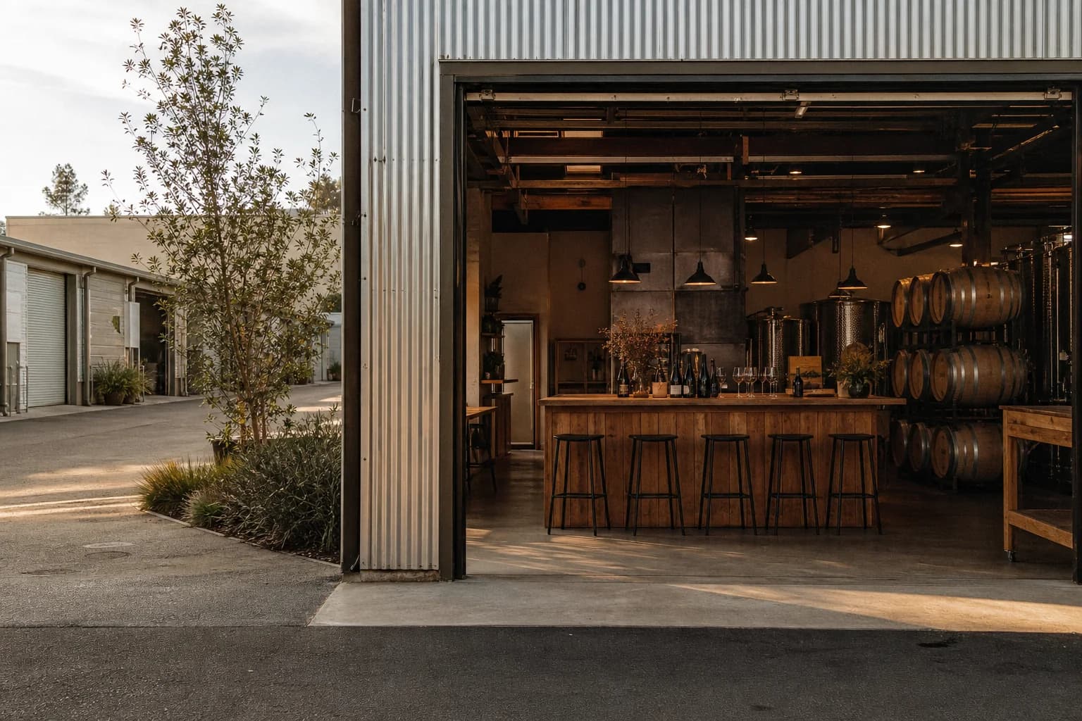 Temporary AI-generated illustration of an intimate Tin City warehouse tasting room.