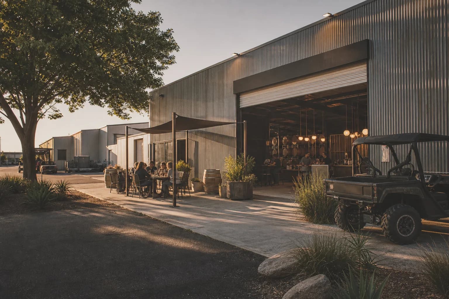 Temporary AI-generated illustration of a Tin City winery warehouse and tasting patio.